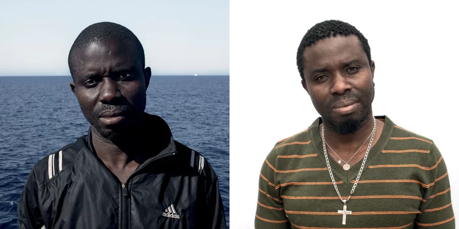 César Dezfuli. <i>Blaise. 1993. Senegal. Izq.: 1 de agosto de 2016. Mar Mediterráneo - Libia. Dch.: 25 de enero de 2019. Ponte, Italia</i>. Courtesy of the artist.