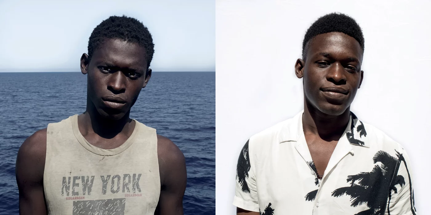 César Dezfuli. <i>Abdoulie. 1999. Senegal. Izq.: 1 de agosto de 2016. Mar Mediterráneo - Libia. Dch.: 29 de abril de 2018. Rieti, Italia</i>. Courtesy of the artist.